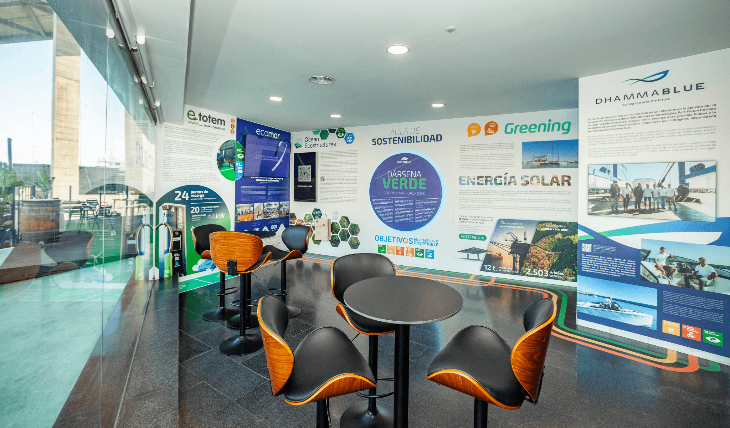 Sala de sostenibilidad con mesas y paneles informativos.