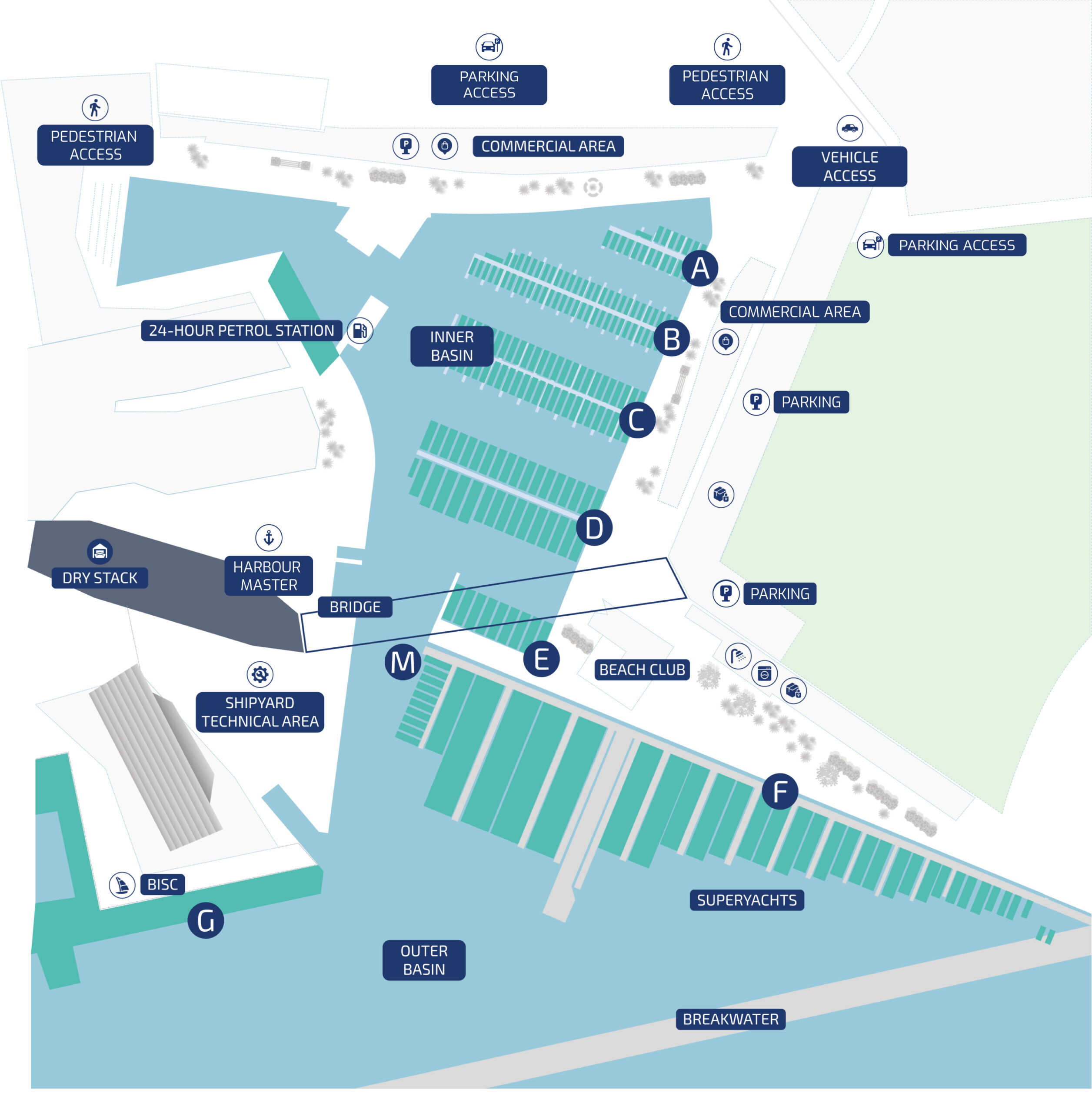 Marina map with berths and services