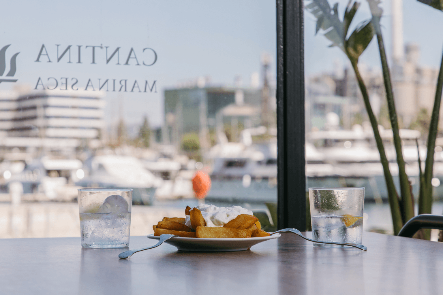 Patatas fritas con alioli en mesa junto al mar