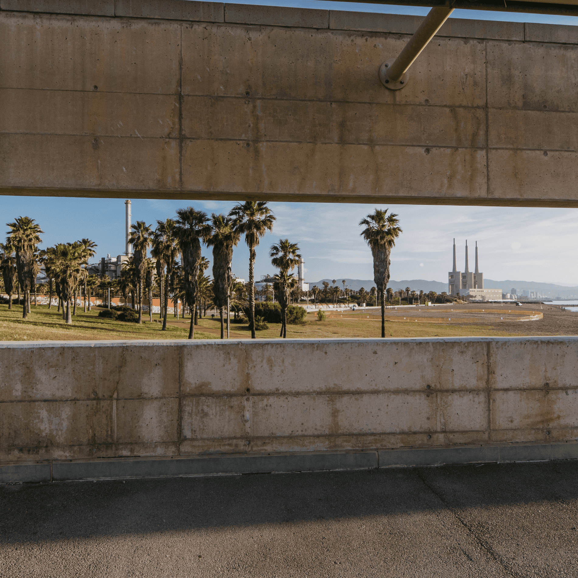 Planta industrial amb palmeres i cel blau