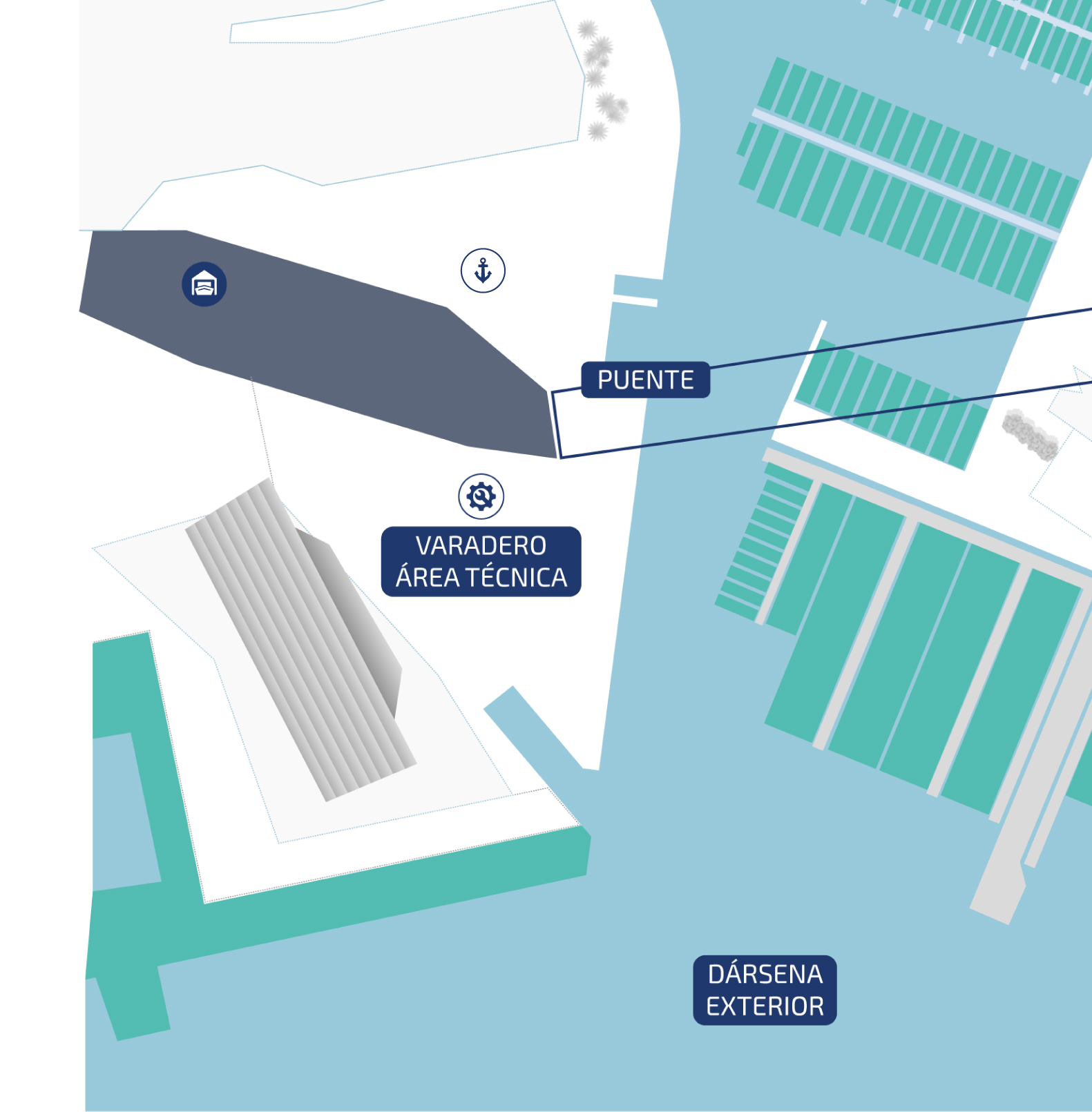 Mapa de varadero con áreas técnicas y darsena